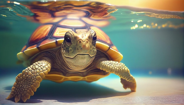 Happy Turtle heeft plezier tijdens de zomervakantie in een zwembad