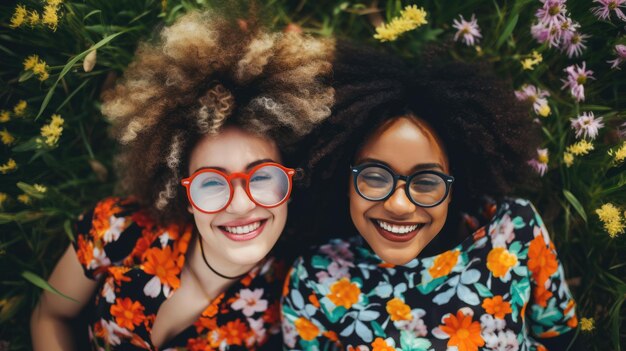 Happy two young woman in glasses lying on the grass top view