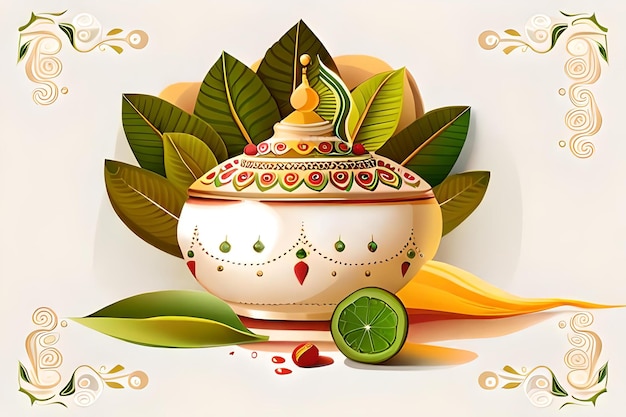 Happy ugadi greeting card background with kalash happy ugadi holiday composition hindu new year