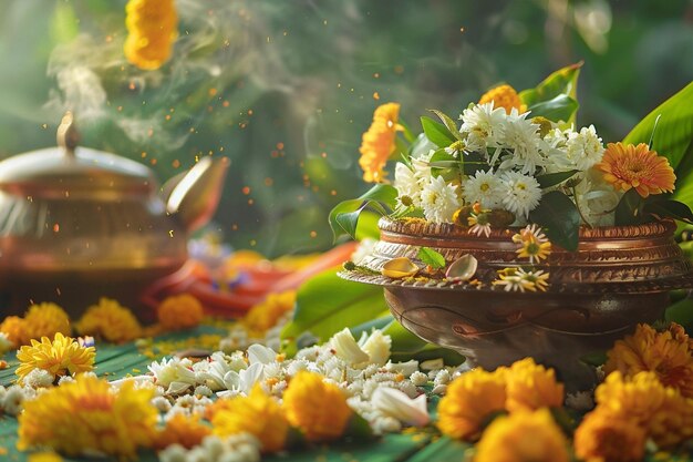 Foto felice biglietto di auguri ugadi con foglia di mango e riso festa del capodanno indiano