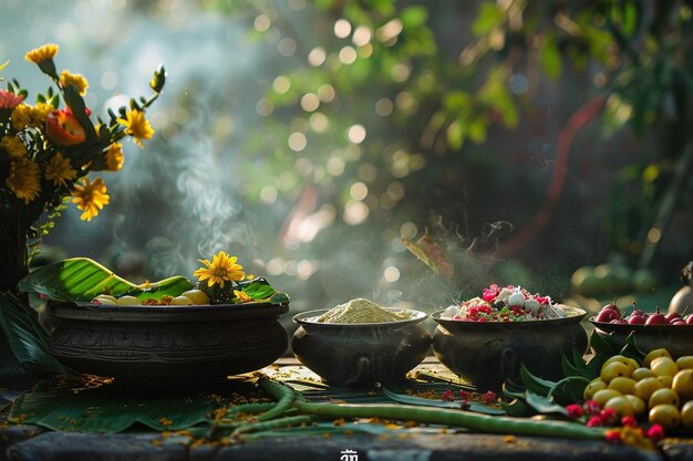 Foto felice biglietto di auguri ugadi con foglia di mango e riso festa del capodanno indiano