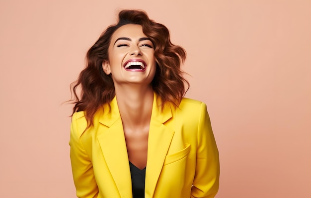 Happy ultra beauty business girl who is smiling and laughing wearing bright clothes Bright solid bac