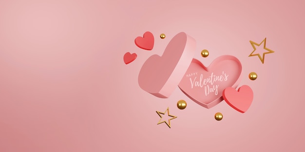 Happy Valentijnsdag banner. hart, cadeau en doos op roze achtergrond. ruimte voor tekst. 3D illustratie