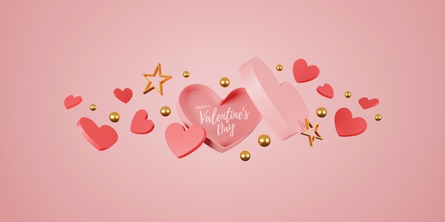 Happy Valentijnsdag banner. hart, cadeau en doos op roze achtergrond. ruimte voor tekst. 3D illustratie