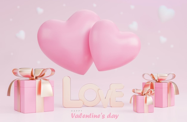 Happy valentijnsdag banner met 3d-harten, geschenkdoos en romantische valentijn decoraties op roze achtergrond., 3d-model en illustratie.