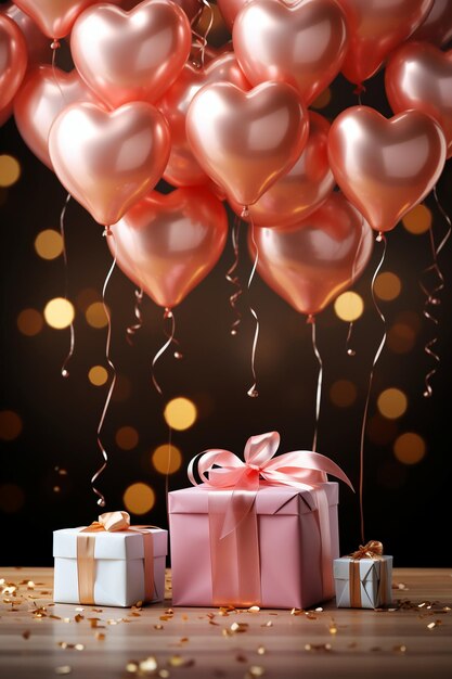 Happy Valentijnsdag banner Roze en gouden harten folie ballonnen met geschenken op roze bokeh Valentines