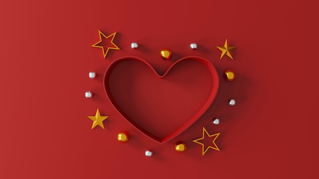 Happy Valentijnsdag concept. hartvorm geschenkdoos op rode achtergrond. ruimte voor tekst. plat leggen. bovenaanzicht. 3D illustratie
