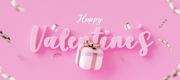 Happy Valentijnsdag groeten decoratie in romantische roze achtergrond banner 3d render