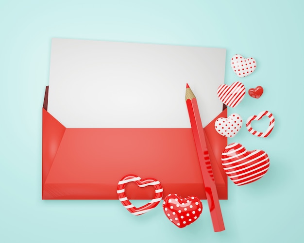 Happy valentijnsdag op envelop mail met wit papier rood potlood en harten vormelementen en decoraties