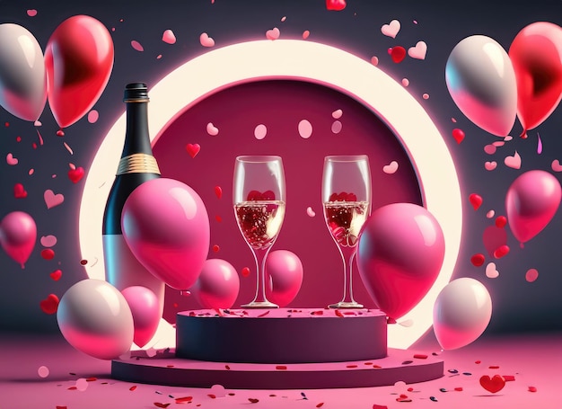 Photo happy valentine day background realistic 3d stage podium round studio festive decorative objects heart shaped balloons ai generated