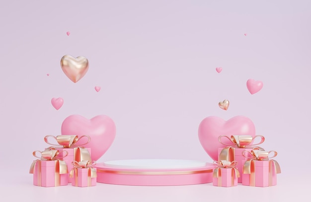 Happy Valentine Day banner met podium voor productpresentatie en harten 3D-objecten op roze achtergrond., 3D-model en illustratie.