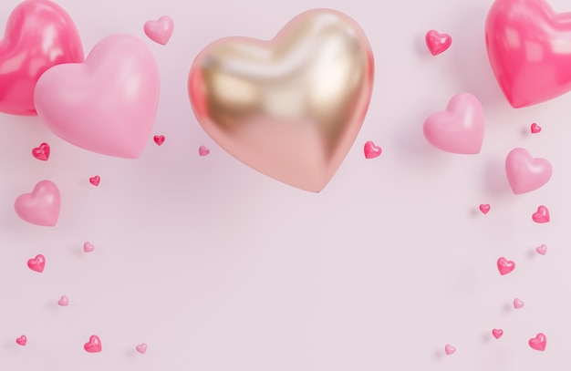 Buon san valentino banner con molti cuori oggetti 3d su sfondo rosa.,modello 3d e illustrazione.