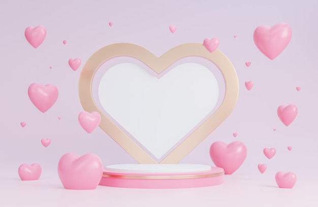 Happy valentine day banner with podium for product presentation and hearts 3d objects on pink background.,3d model and illustration.