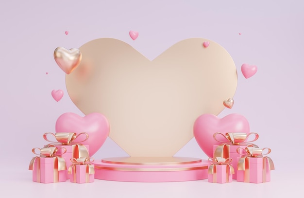 Buon san valentino banner con podio per la presentazione del prodotto e cuori 3d oggetti su sfondo rosa.,modello 3d e illustrazione.