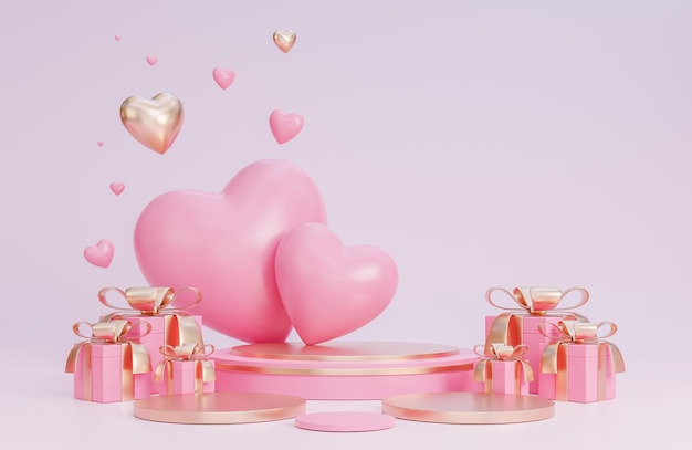 Buon san valentino banner con podio per la presentazione del prodotto e cuori 3d oggetti su sfondo rosa.,modello 3d e illustrazione.