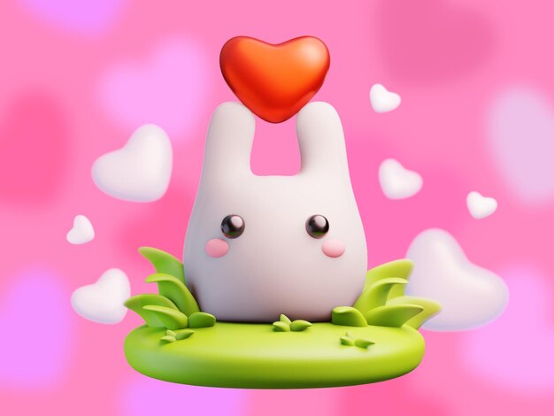 Happy valentine day illustration with 3d small sweet rabbit with heart on pink color background with grass and heart holiday romantic design of bunny for greeting card poster banner