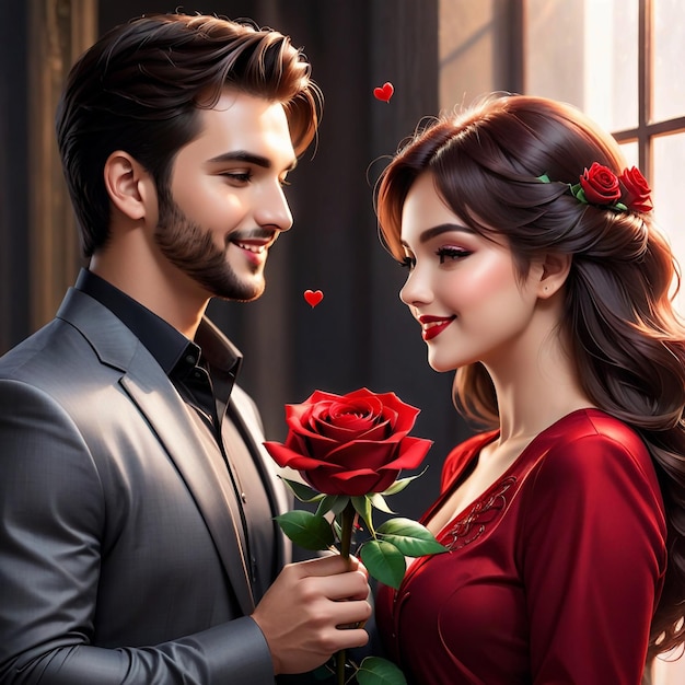 Happy valentine day red roses expression of love couple holding bright red rose in hands