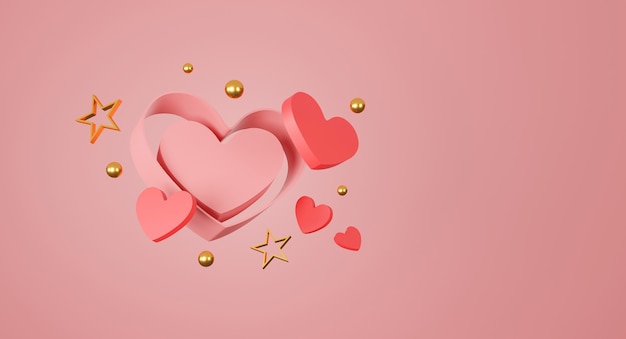 Photo happy valentine's day banner. heart, gift and box on pink background. space for text. 3d illustration