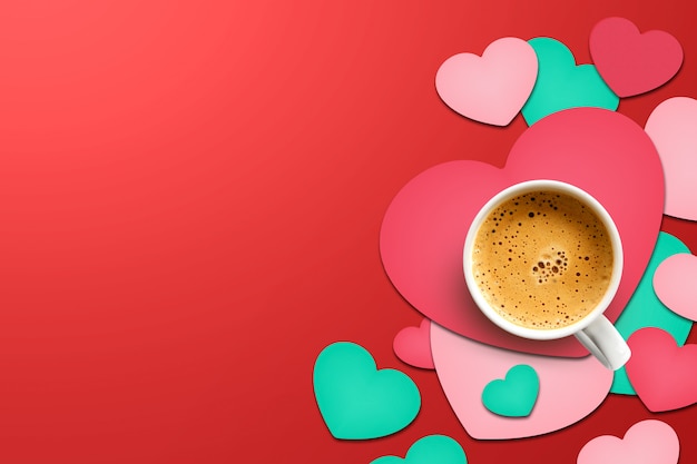 Happy valentine's day concept. cup of coffee on heart shaped paper