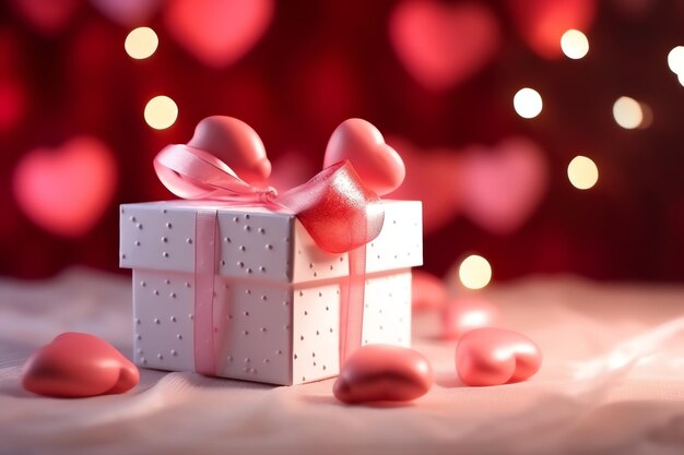 Happy valentine's day concept with red gift box and heart shaped balloons romantic banner love