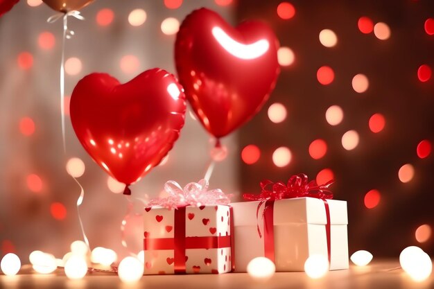 Happy valentine's day concept with red gift box and heart shaped balloons romantic banner love