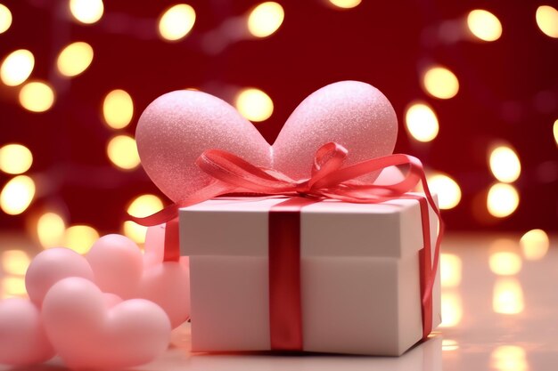 Photo happy valentine's day concept with red gift box and heart shaped balloons romantic banner love