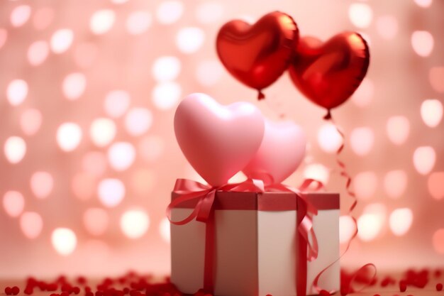 Happy valentine's day concept with red gift box and heart shaped balloons romantic banner love