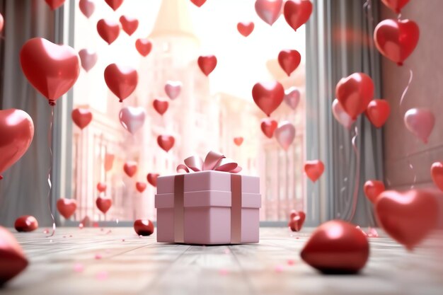 Happy valentine's day concept with red gift box and heart shaped balloons romantic banner love