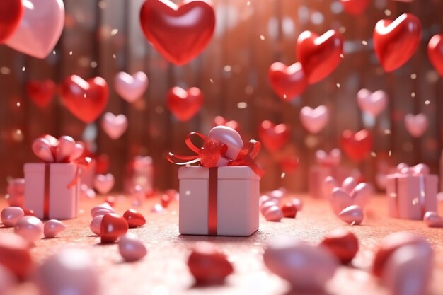 Happy valentine's day concept with red gift box and heart shaped balloons romantic banner love