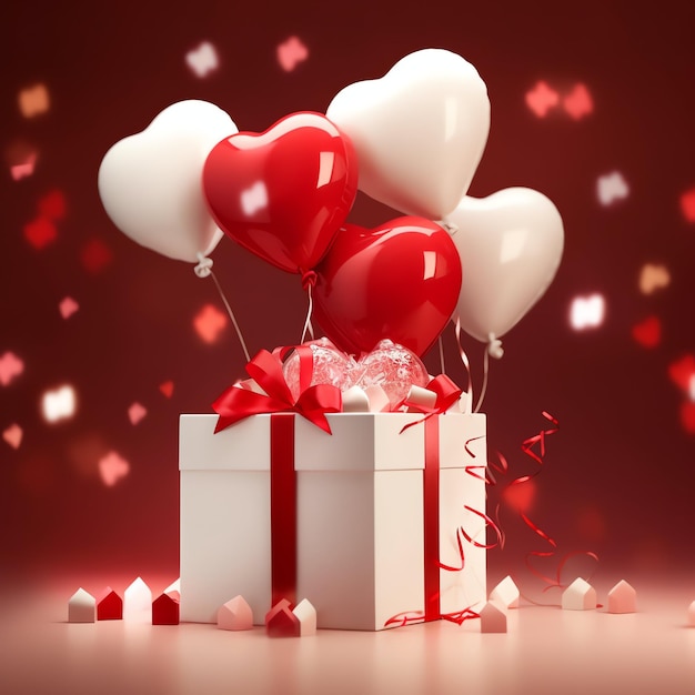 Happy valentine's day concept with red gift box and heart shaped balloons romantic banner love