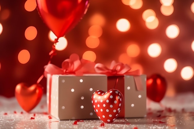 Photo happy valentine's day concept with red gift box and heart shaped balloons romantic banner love