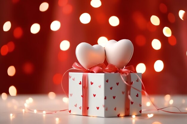 Happy valentine's day concept with red gift box and heart shaped balloons romantic banner love