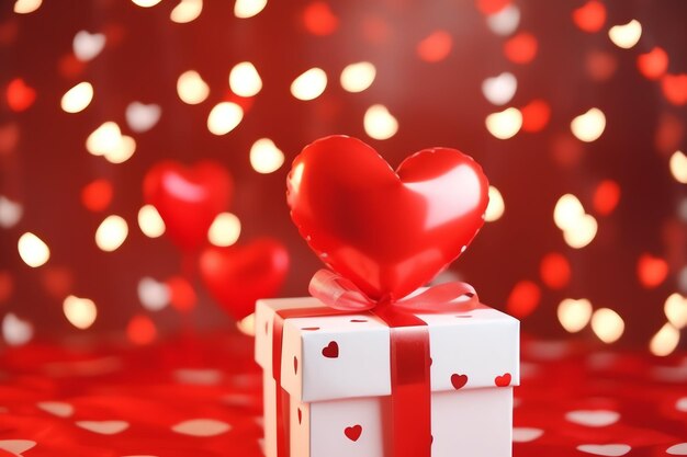 Happy valentine's day concept with red gift box and heart shaped balloons romantic banner love