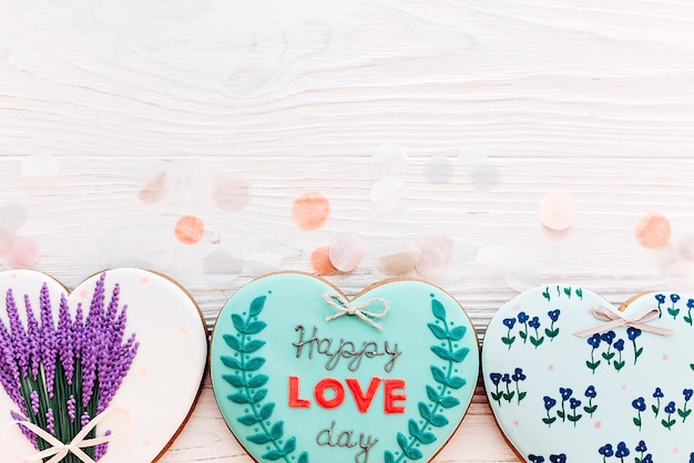 Photo happy valentine's day greeting card happy love day text on cookie hearts and flowers on white rustic wooden background with confetti flat lay space for text mockup