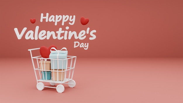 Happy Valentine's Day of heart and gift box in shopping cart with text 3d on pink pastel background. 3d rendering