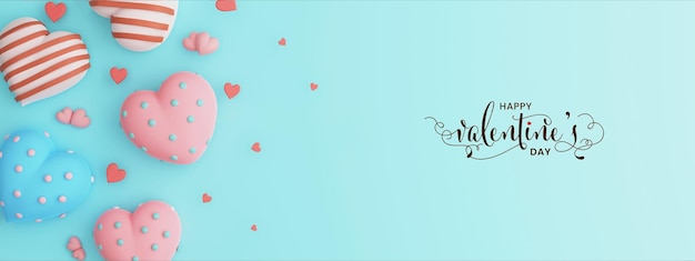 Happy Valentine's Day kalligrafie tekst met zachte kleuren hart vormen op Turquoise achtergrond koptekst of banner ontwerp