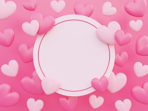 Buon san valentino, concetto di amore, sfondo a forma di cuore 3d rosa e bianco, biglietto di auguri, banner cerchio con spazio copia