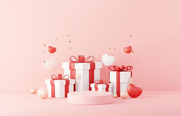 Happy valentine\'s day minimal sweet love scene with display\
podium for mock up and product brand presentation pink pedestal\
stand cute lovely heart background love day\'s design style 3d\
render