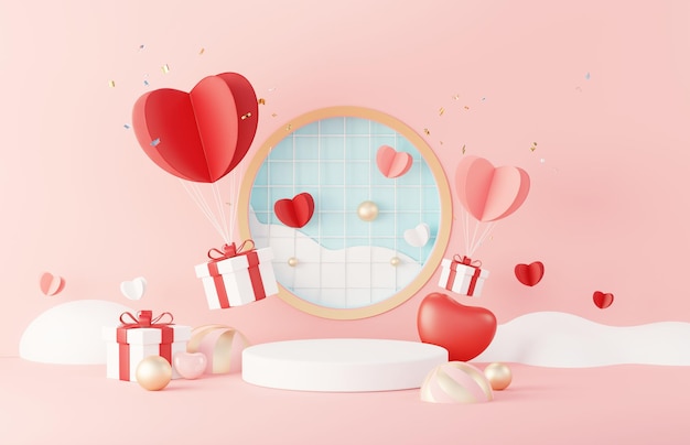 С Днем святого Валентина. Минимальная сладкая любовная сцена с подиумом для макета и презентации бренда продукта. Розовый пьедестал.