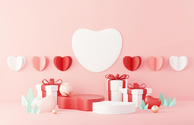 Happy valentine\'s day minimal sweet love scene with display\
podium for mock up and product brand presentation pink pedestal\
stand cute lovely heart background love day\'s design style 3d\
render