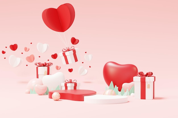 Happy Valentine's Day Minimal sweet love scene with display podium for mock up and product brand presentation Pink Pedestal stand Cute lovely heart background Love day's design style 3D render