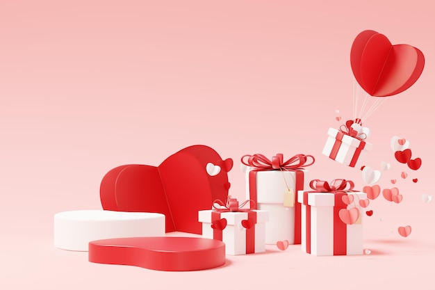Happy valentine\'s day minimal sweet love scene with display\
podium for mock up and product brand presentation pink pedestal\
stand cute lovely heart background love day\'s design style 3d\
render
