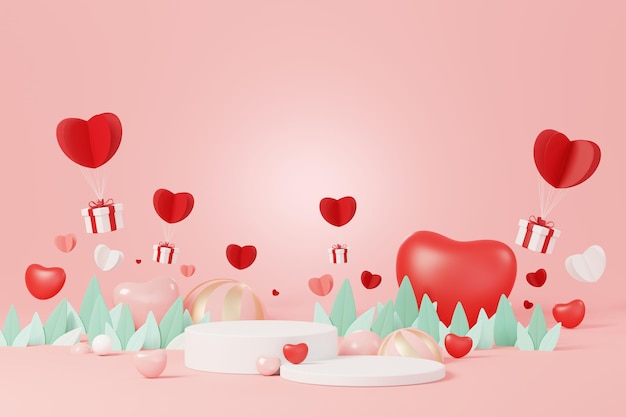 Happy valentine's day minimal sweet love scene with display
podium for mock up and product brand presentation pink pedestal
stand cute lovely heart background love day's design style 3d
render