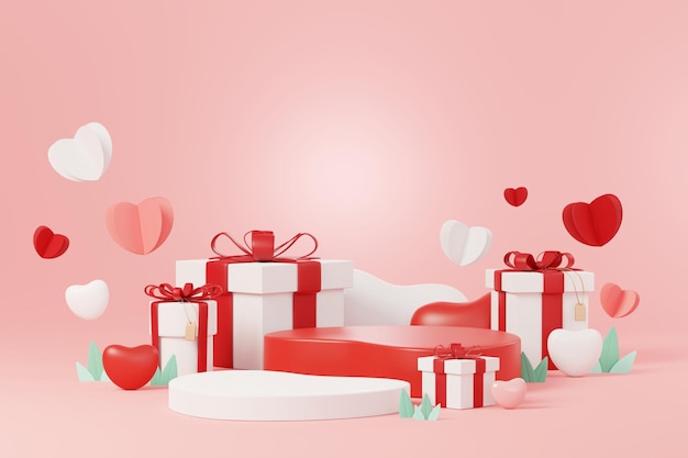 Happy Valentine's Day Minimal sweet love scene with display podium for mock up and product brand presentation Pink Pedestal stand Cute lovely heart background Love day's design style 3D render