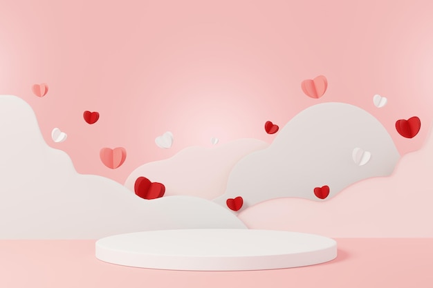 Happy valentine\'s day minimal sweet love scene with display\
podium for mock up and product brand presentation pink pedestal\
stand cute lovely heart background love day\'s design style 3d\
render