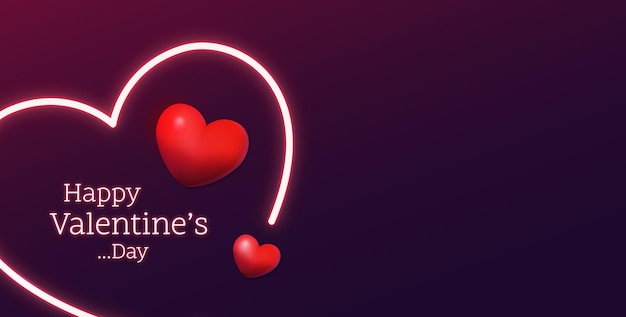 happy valentine's day neon background. color design with glowing neon letters and hearts. 3d illustration with light banner. mock-up scene with empty space. 3d rending