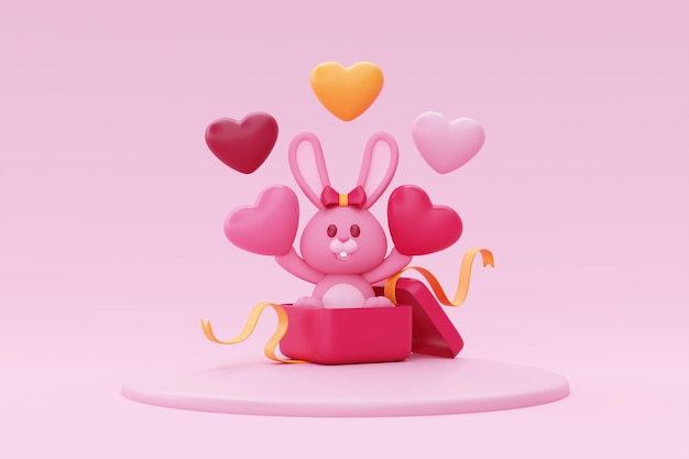 Buon san valentino confezione regalo aperta con coniglietto teddy e palloncini a forma di cuori rosa sfondo di visualizzazione promozione per il rendering 3d di san valentino