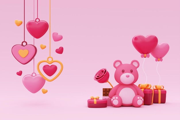 Happy Valentine's Day Promotion display background for valentine with teddy bear envelope chocolate gift box and heart shape balloons 3d rendering