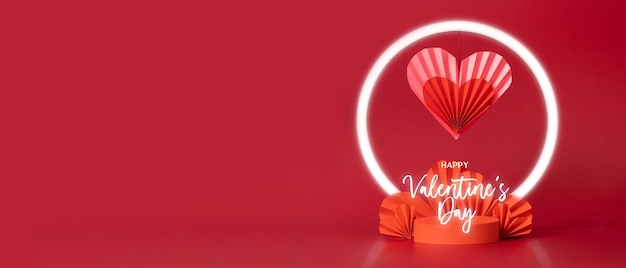 Happy Valentine's day text and podium stage composition on red background with copy space