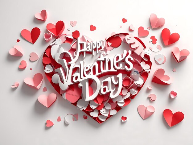 Happy Valentine's Day text with cutout paper hearts on white background 3D Rendering 3D